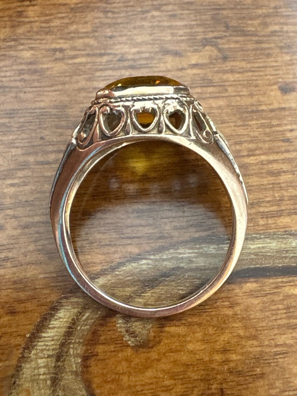 10K Yellow & Green Gold Filigree Ring art deco Orange Stone Vintage Size 5 - Picture 13 of 15